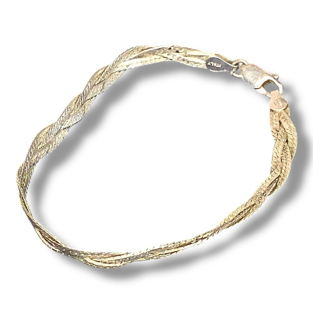 Vintage 925 Silver Herringbone Style Bracelet  7” Length Classic Braided Italy